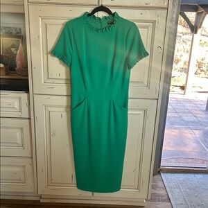 Maggy London Teal Ruffle Neck Sheath Dress with Pockets - Size 8